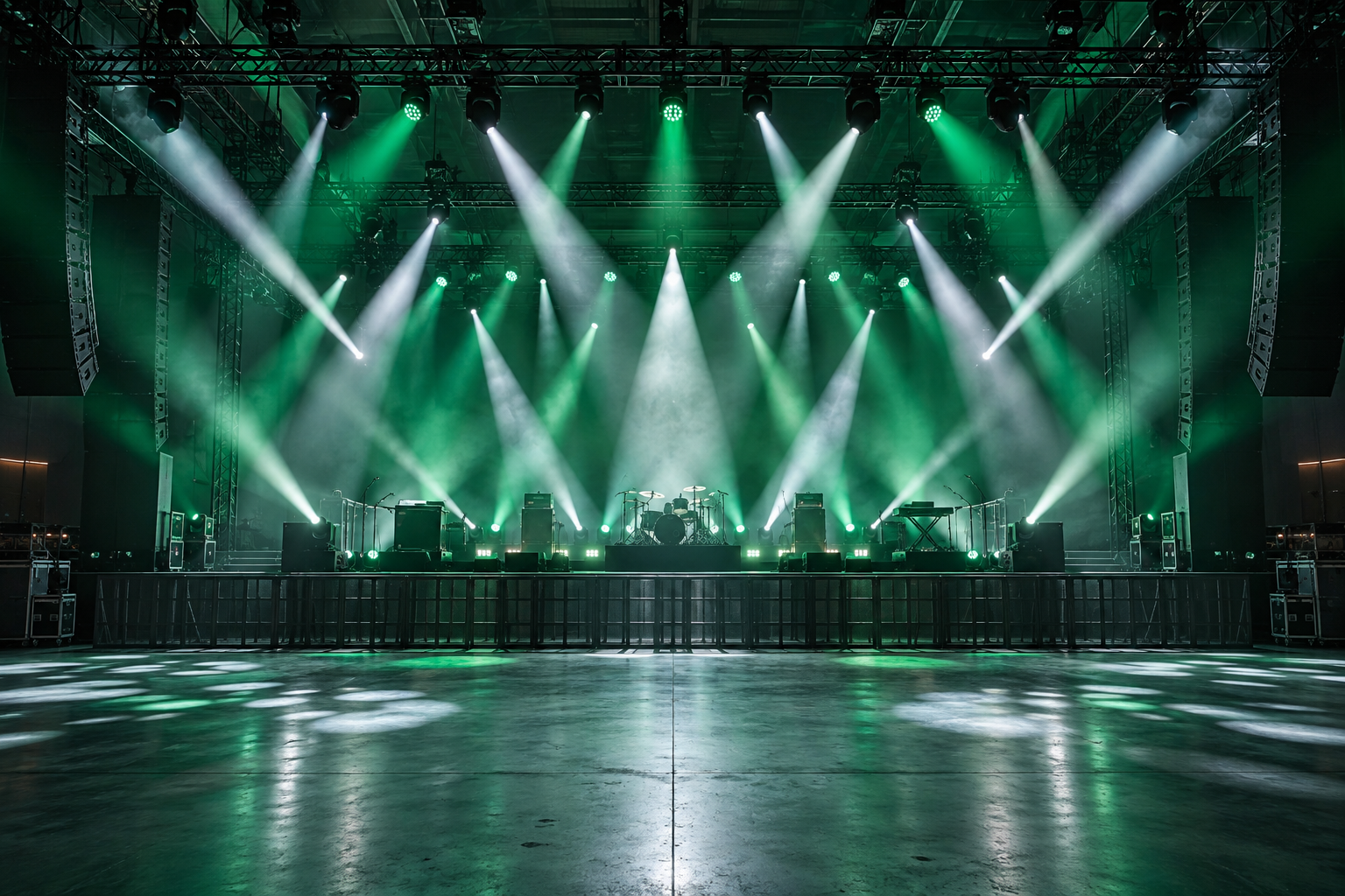 Illustrative green and white stage lighting rehearsal