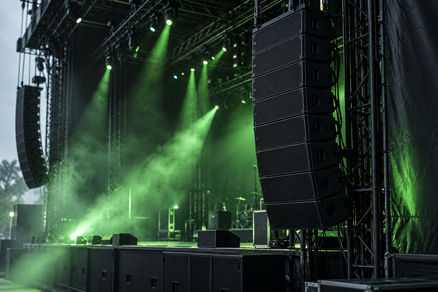 Illustrative professional sound system beside a stage