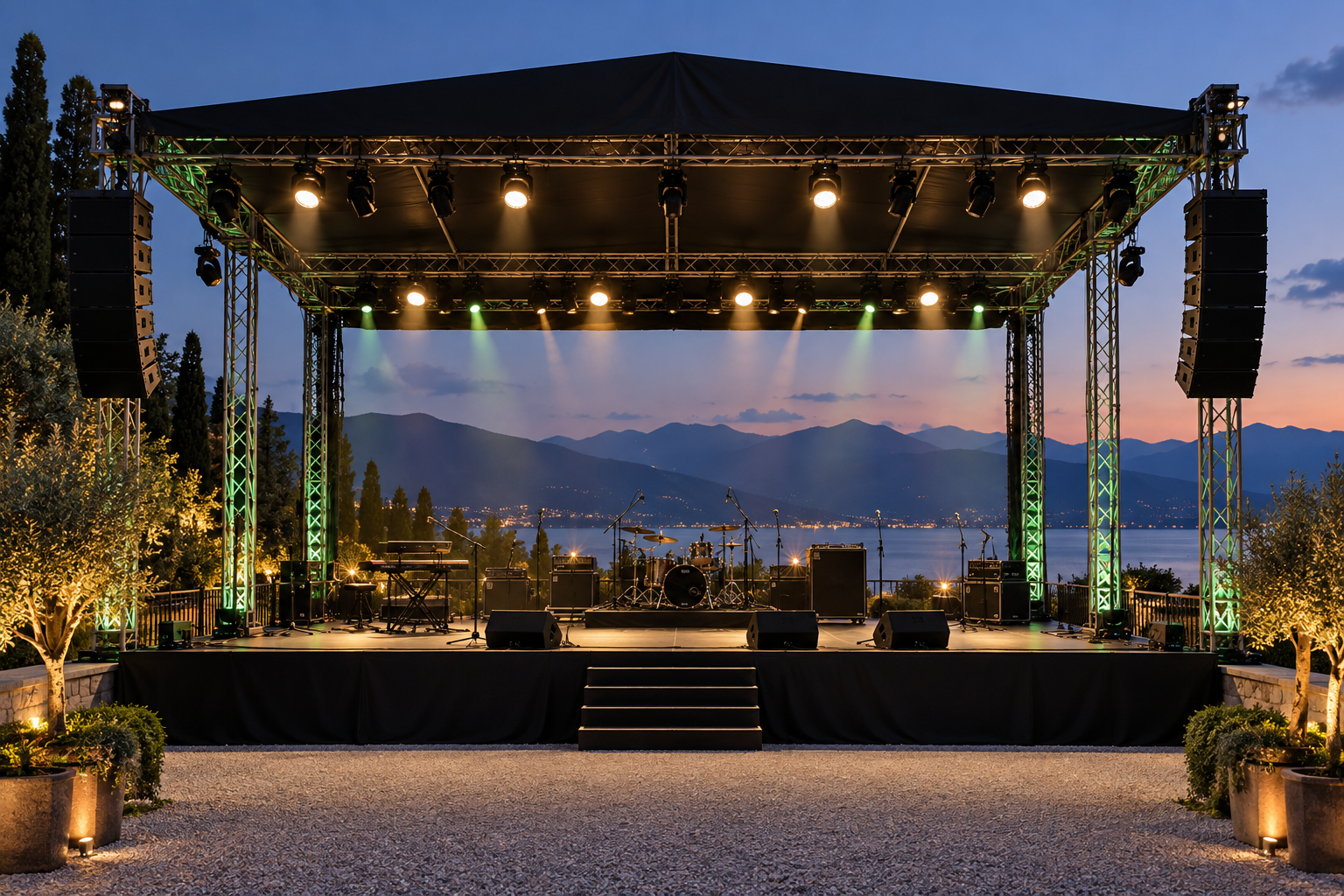 Illustrative outdoor covered stage at dusk